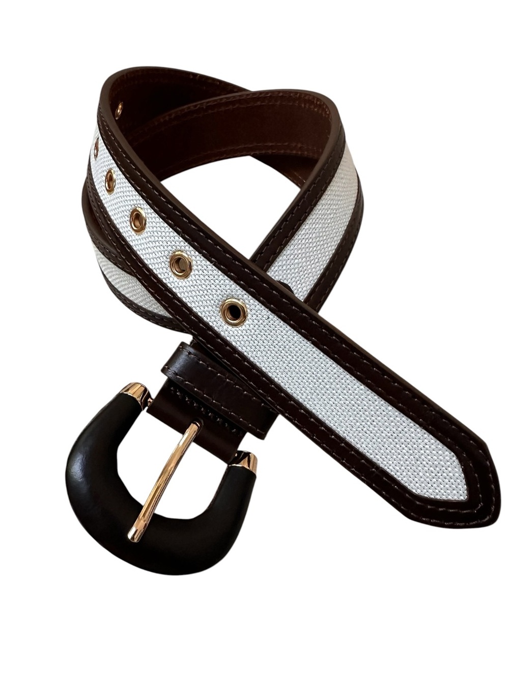 Jason Wu Genuine Leather Canvas Belt Brown Ivory White Gold NWT